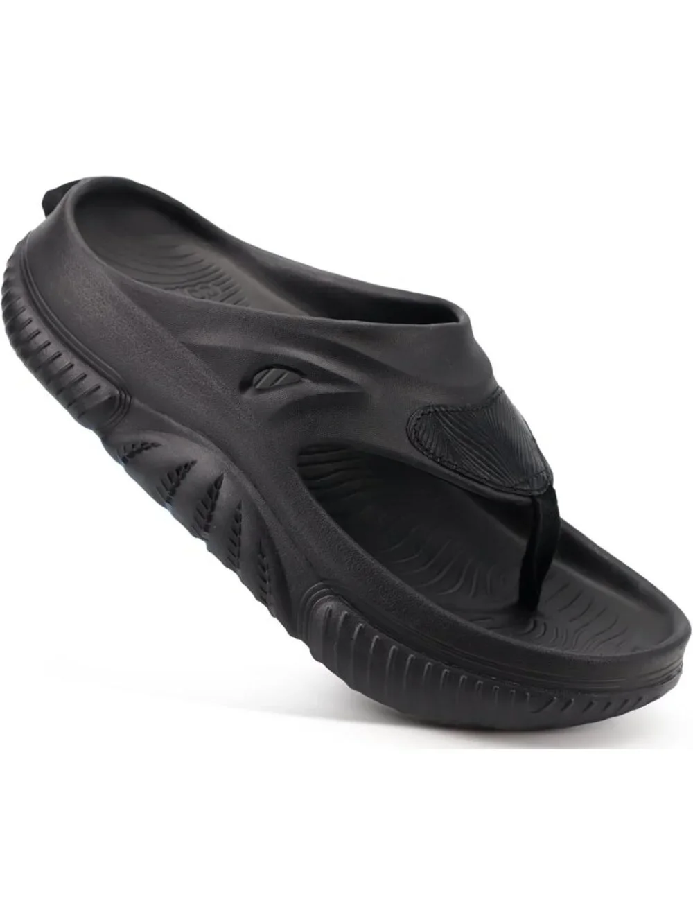 Men's All Black Orthopaedic Foot bed Flip Flops Fabric Toe Post Beach Sandals